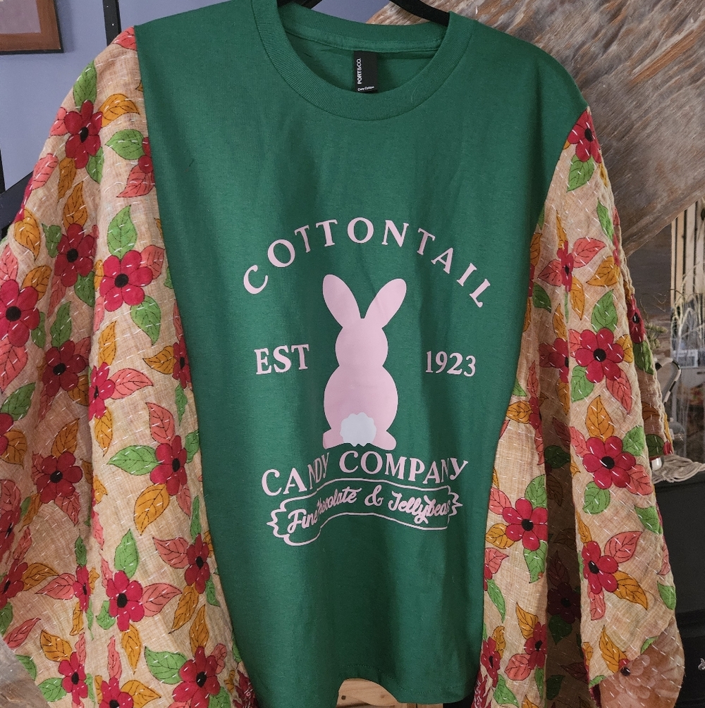 Upcycled Bunny Shirt With Floral Kantha Sleeves